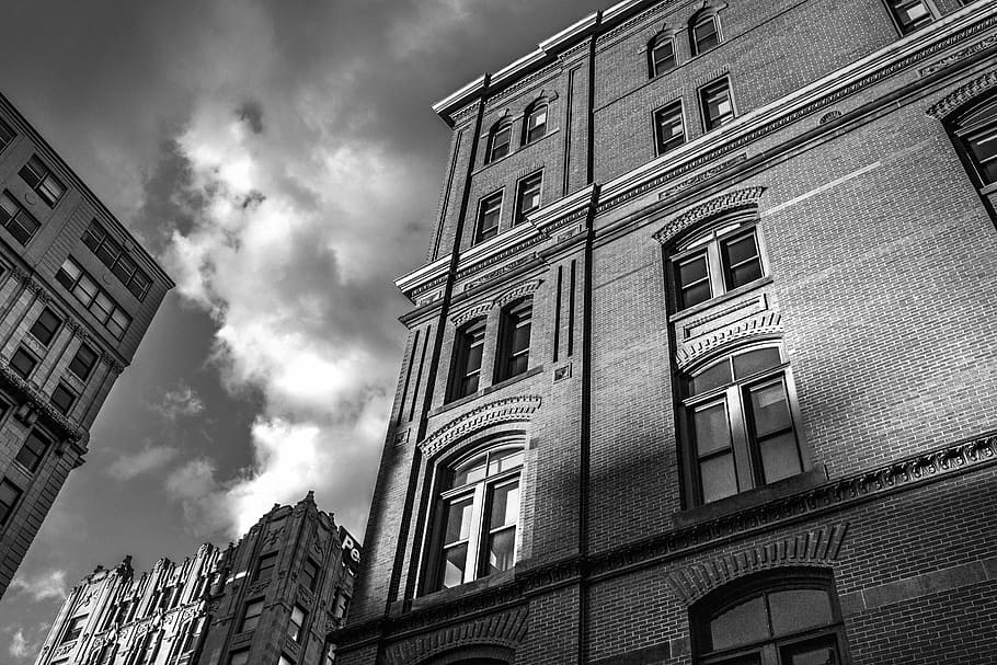 buildings, bricks, wall, windows, city, town, sky, clouds, architecture HD wallpaper