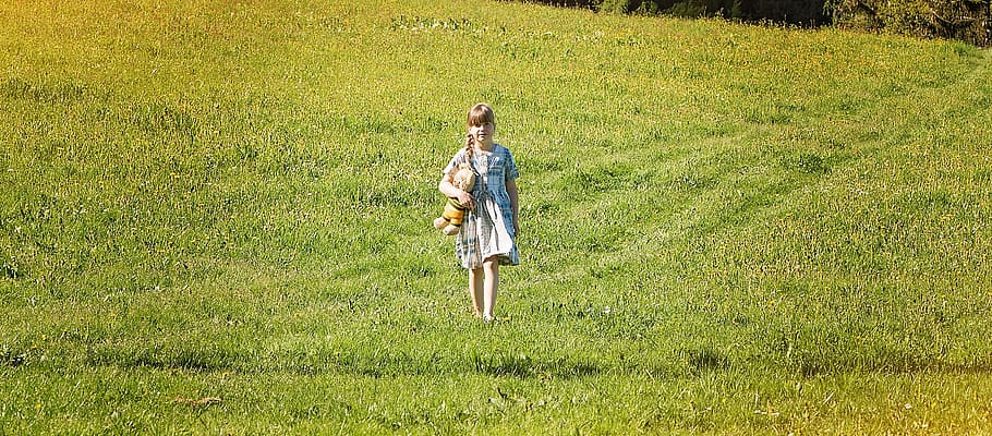 human, child, girl, meadow, teddy bear, out, nature, grass HD wallpaper