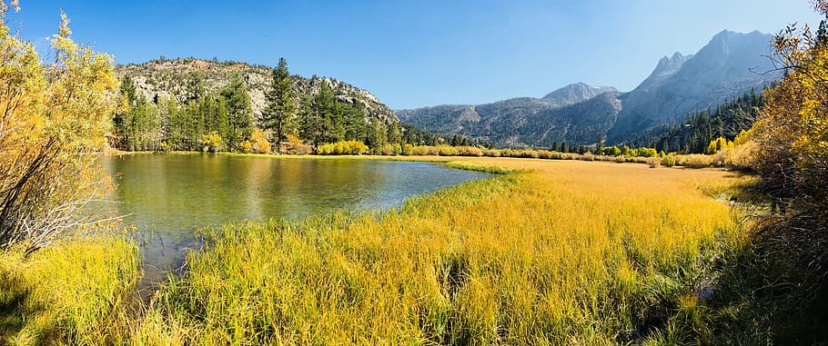 lake, fall, reflection, yellow, colorful, mountain, outdoor HD wallpaper