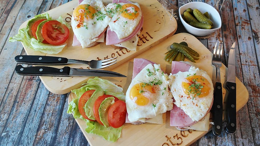 egg and ham sandwiches, bread, tight max, fried, yolk, food HD wallpaper