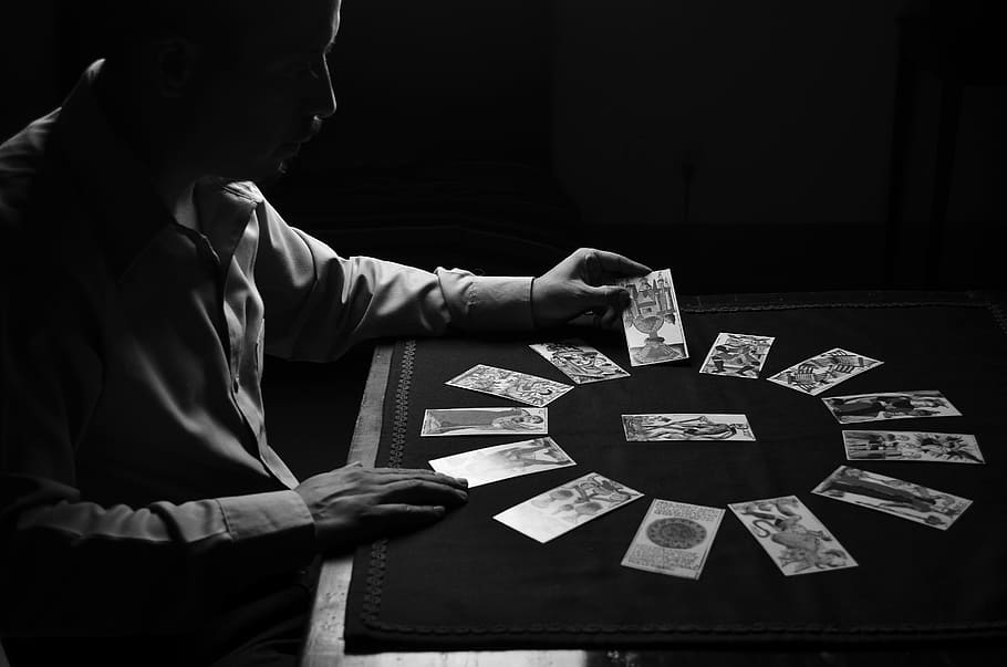 person in dress shirt in front of table with cards, mystic, letters, HD wallpaper