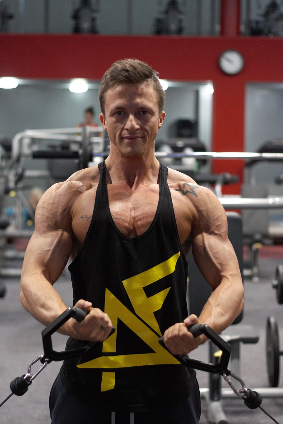 man wearing black and yellow tank top, Fitness, Exercise, strengthening