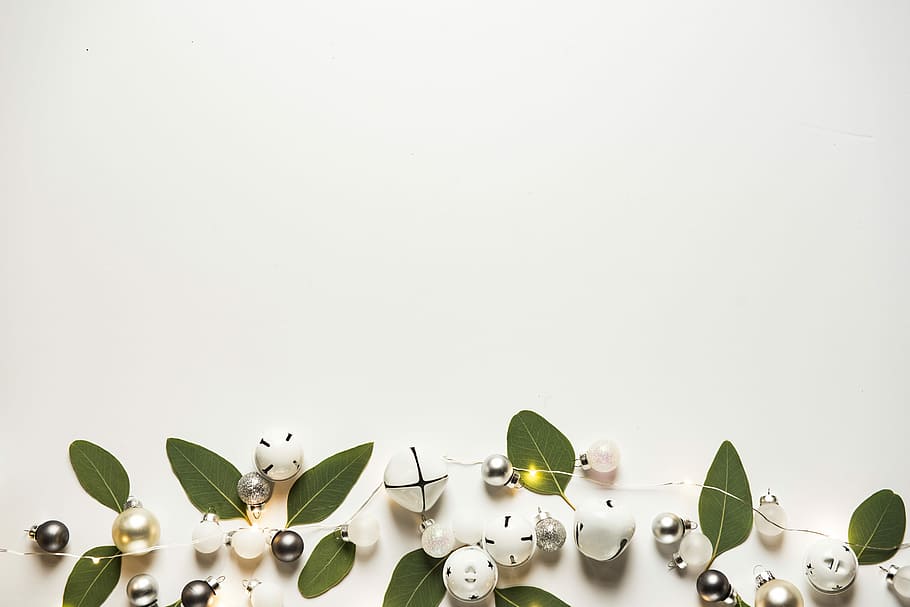 white baubles and sleigh bells, assorted beads on white surface HD wallpaper