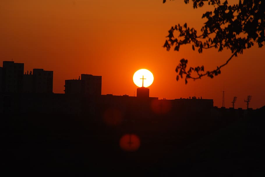 sunset, cross, church, silhouette, dusk, orange Color, night HD wallpaper