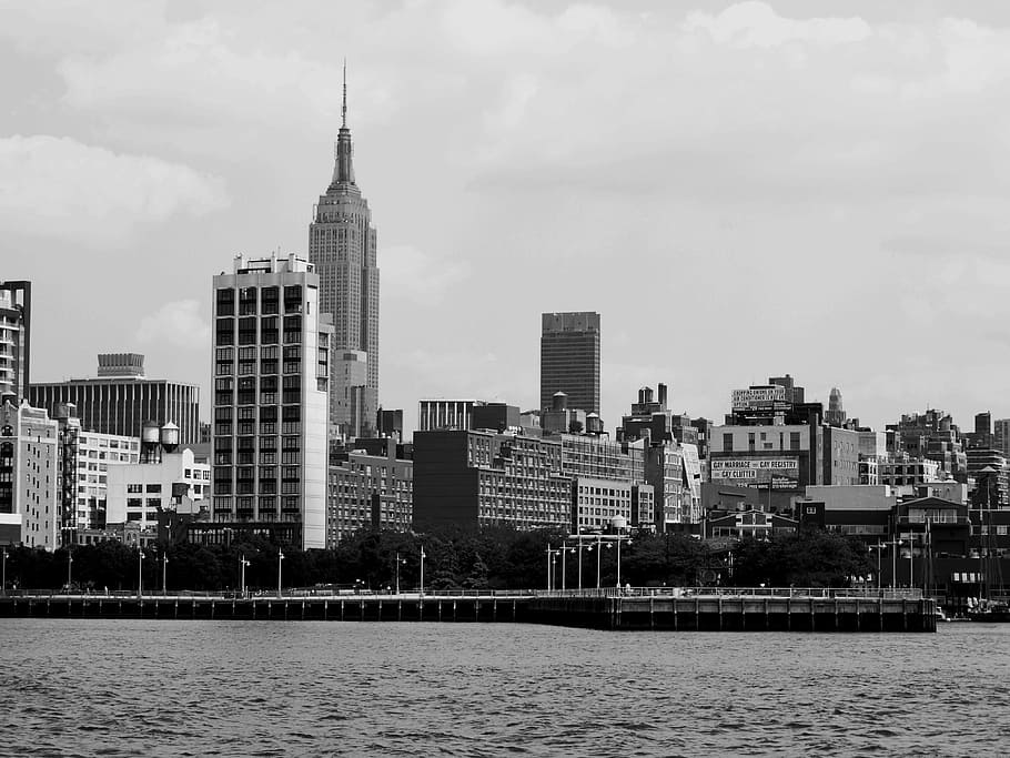 grayscale photo of city buildings near body of water, Skyline, HD wallpaper
