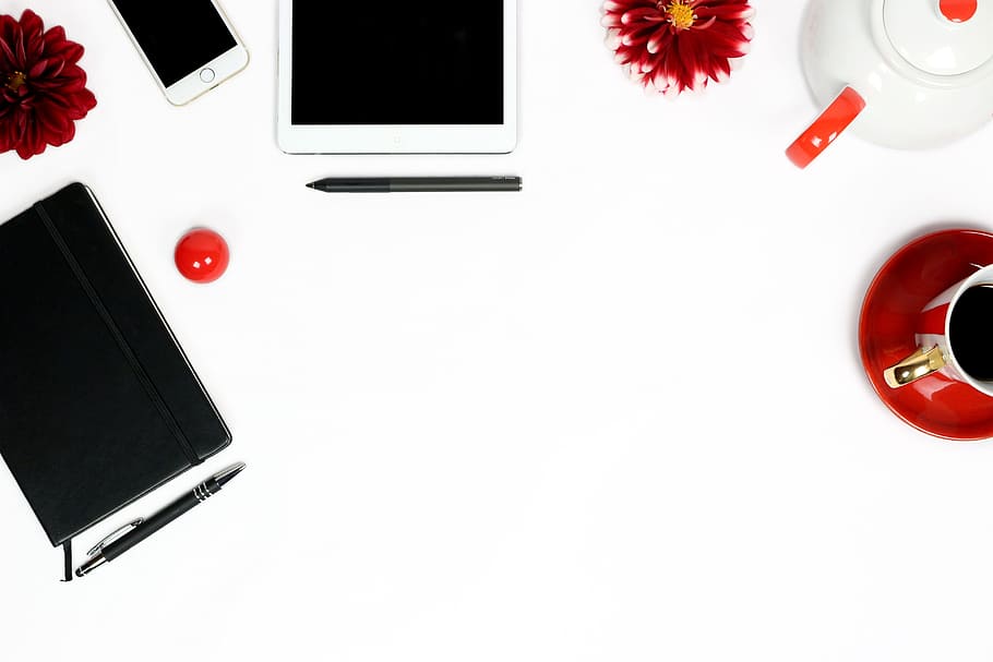 white ceramic mug on red ceramic saucer, workplace, white table HD wallpaper