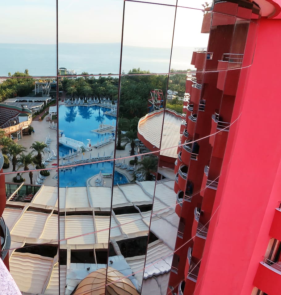 mirror image, hotel, hotel window, pool, water, architecture HD wallpaper