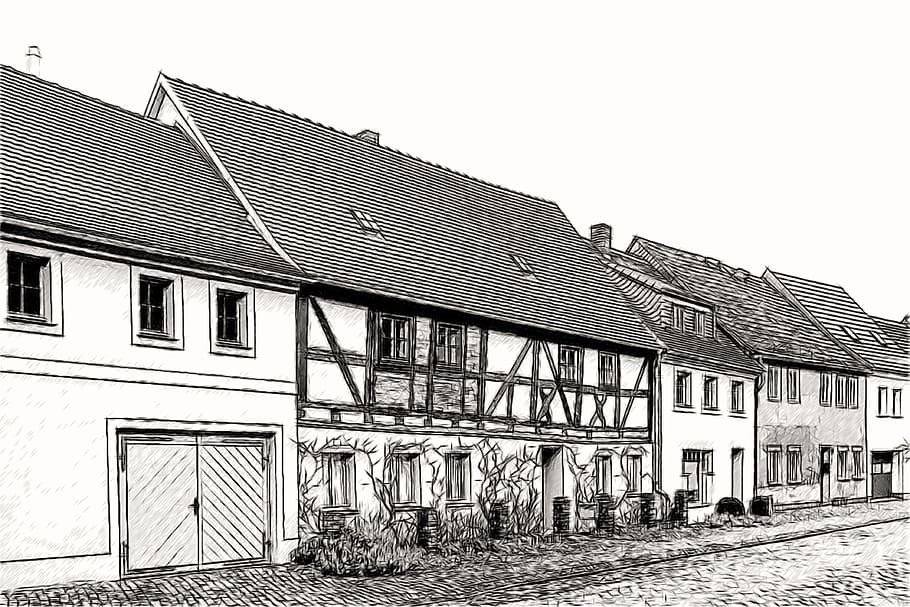drawing, sketch, architecture, homes, fachwerkhaus, facades HD wallpaper