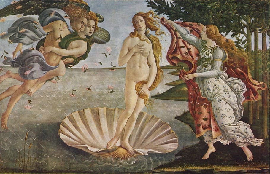 woman standing on white seashell painting, clamshell, oil painting
