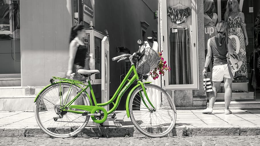 green, black, white, bicycle, transportation, building exterior HD wallpaper