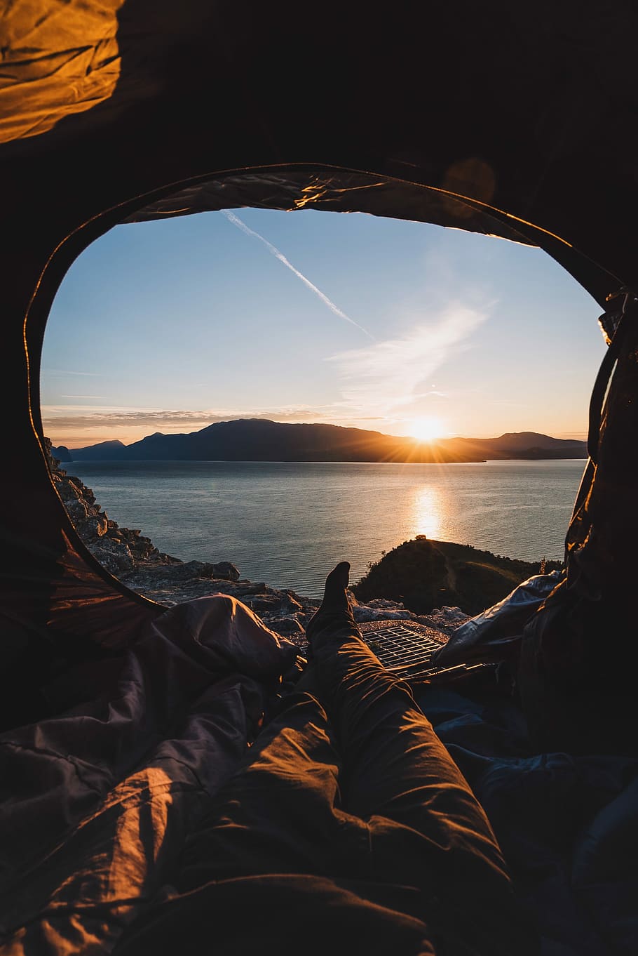 Still dreaming?, person lying inside tent while watching at sunset, HD wallpaper