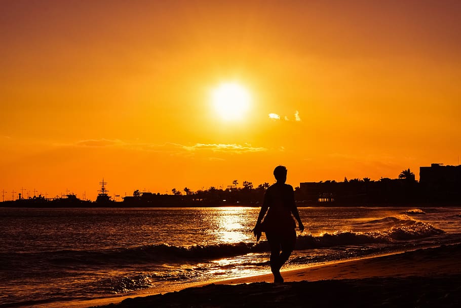 sunset, dusk, beach, sea, evening, silhouetted, shadows, sunlight HD wallpaper