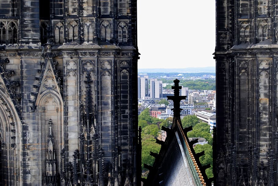 Cross, Double Tower, Towers, Bell Tower, gothic, cologne, dom, HD wallpaper