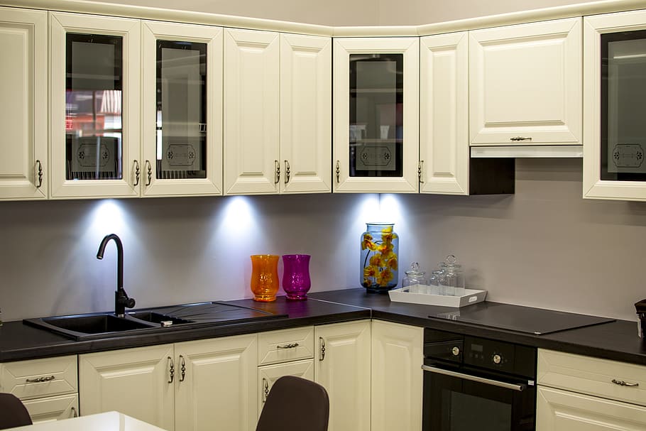 white and black kitchen cupboard, house, home, residential, rooms, HD wallpaper