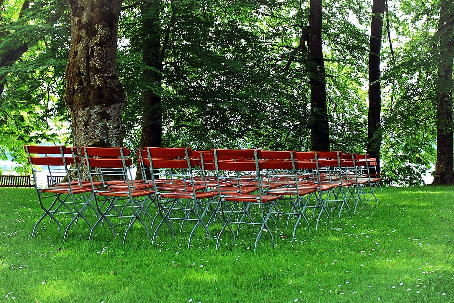 seating, chairs, metal chairs, seats, outside catering, meadow, HD wallpaper
