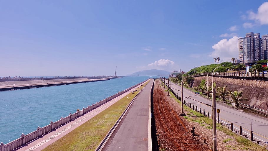 hualien port, taiwan, railway, road, sea, sky, transportation, HD wallpaper
