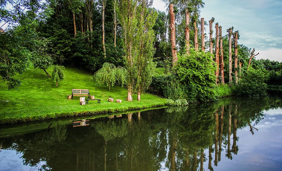 canal, reflection, tree, water, sky, travel, old, blue, scenery HD wallpaper