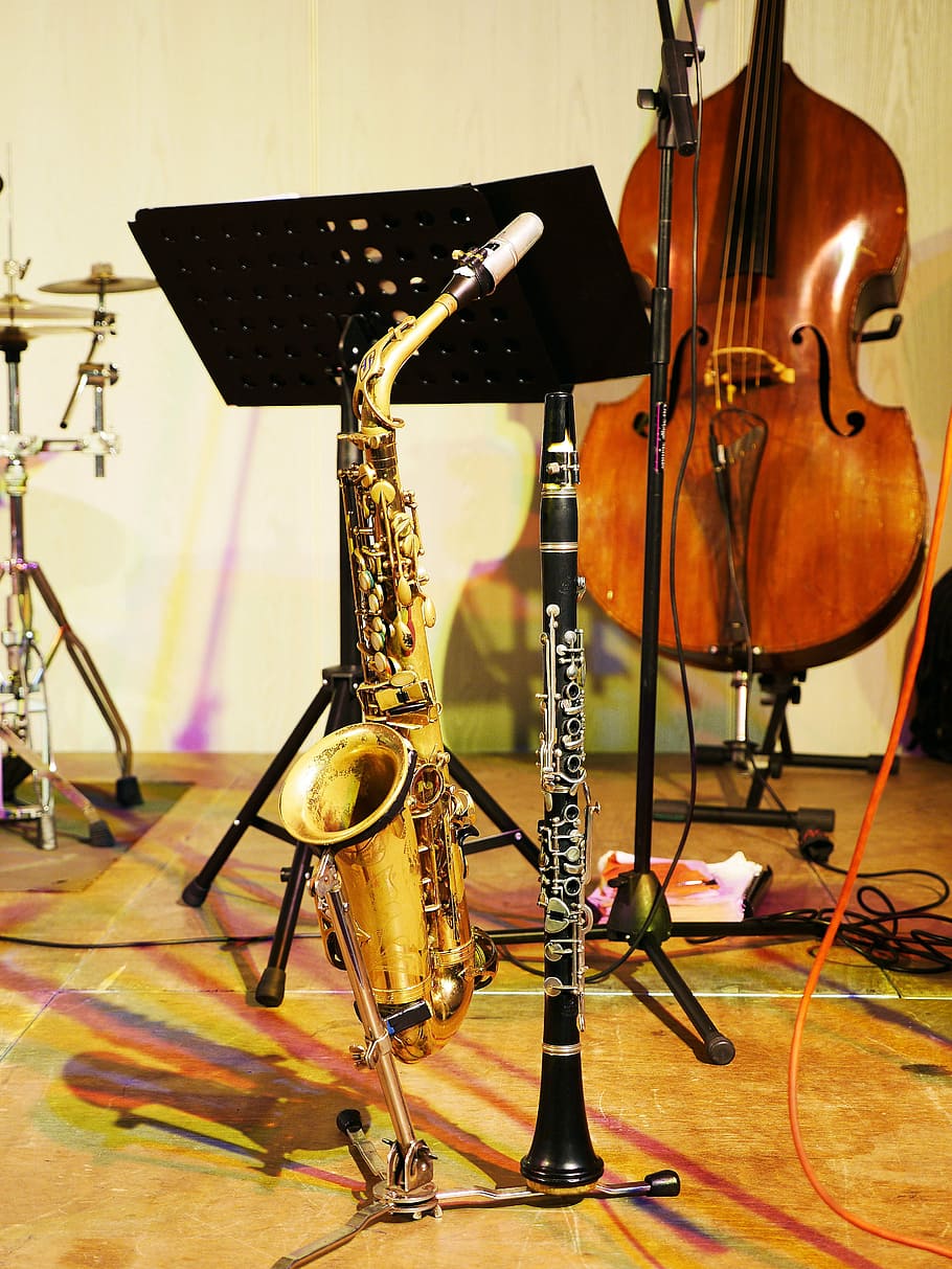 several musical instrument photo, stage, jazz, instruments, presentation, HD wallpaper