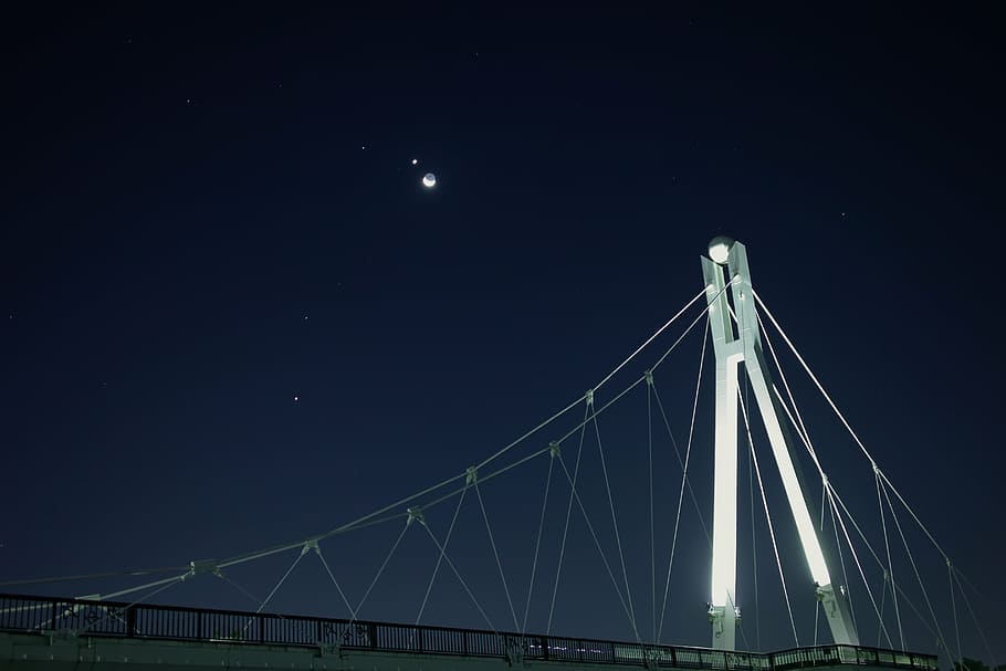 bridge, dark, evening, moon, night, sky, starry sky, built structure HD wallpaper
