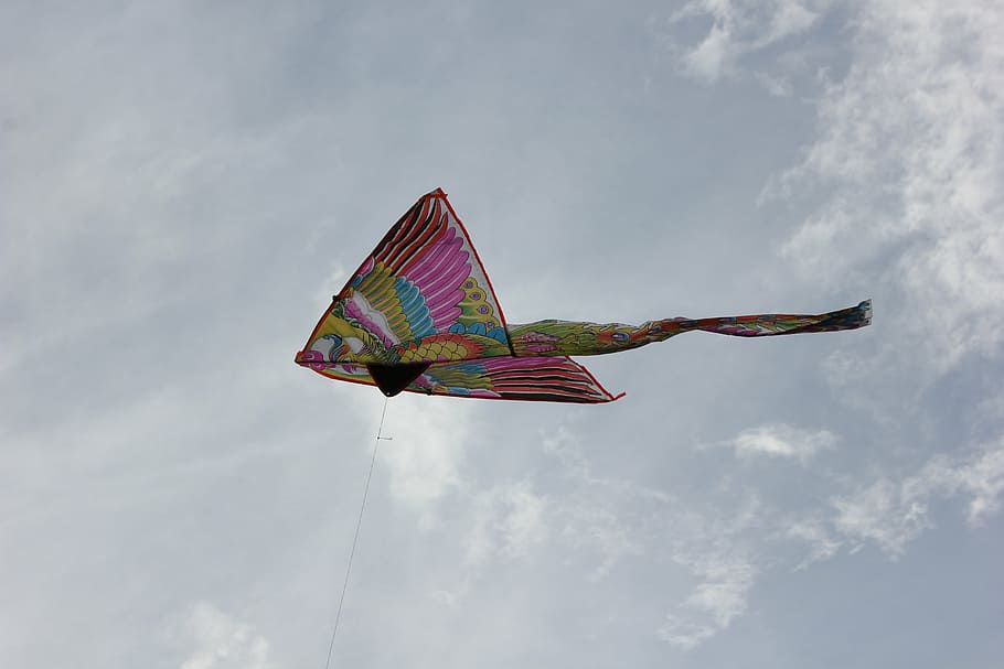 kite, sky, clouds, wind, cloud - sky, low angle view, flying HD wallpaper