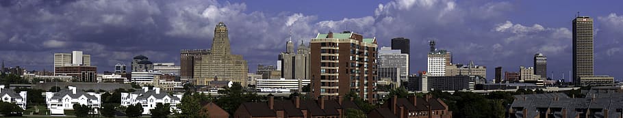 Buffalo skyline in New York, building, cityscape, clouds, photos, HD wallpaper