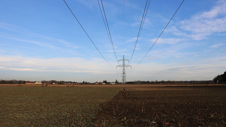sky, power line, blue, clouds, blue sky, nature, high voltage HD wallpaper