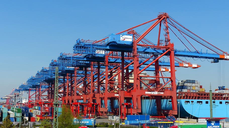 cargo station, container gantry crane, container handling, container ship, HD wallpaper