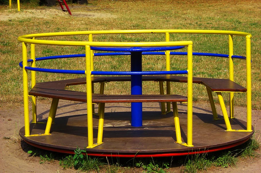 carousel, playground, nature, empty, absence, yellow, seat HD wallpaper