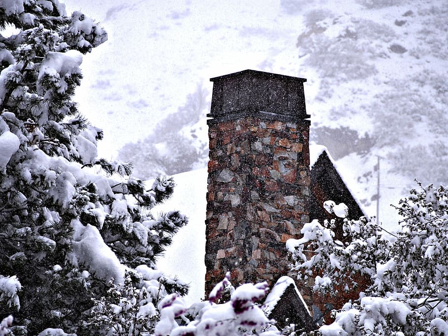 chimney, house, trees, snow, cold, winter, cold temperature HD wallpaper