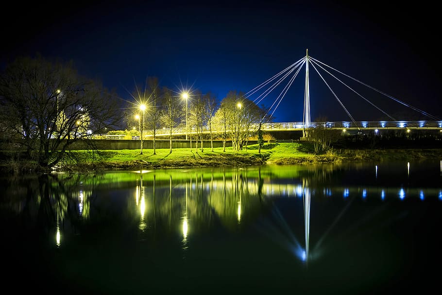 Rama 8 bridge, body of water near tower, night, light, reflection HD wallpaper