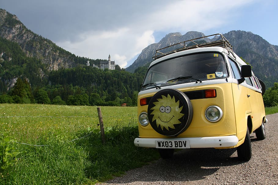 yellow Volkswagen Kombi parked beside grass field, germany, campervan, HD wallpaper