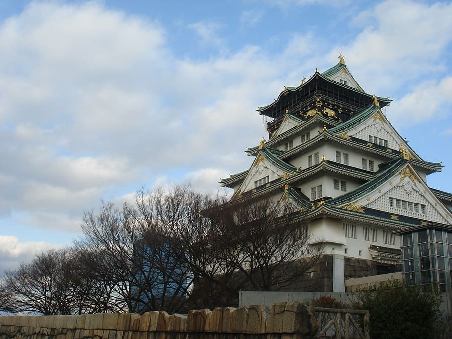 architectural photography of temple, osaka castle, sky, architecture HD wallpaper