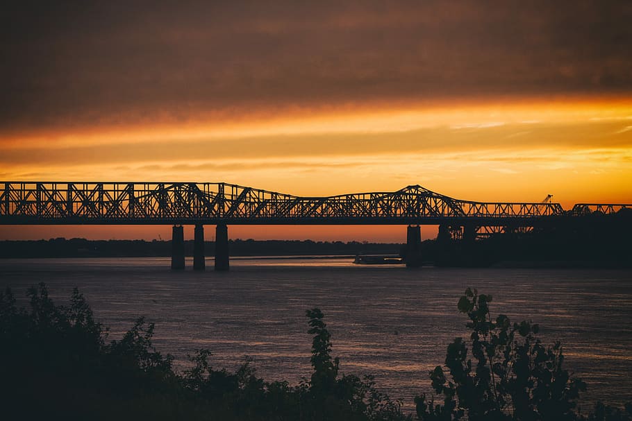 landscape photography of bridge during sunset, silhouette photography of a suspension bridge HD wallpaper