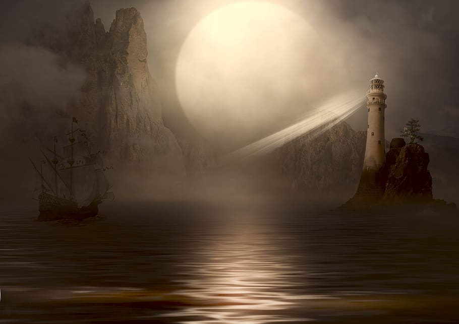 fantasy, sea, ship, lighthouse, moon, landscape, nature, magic HD wallpaper