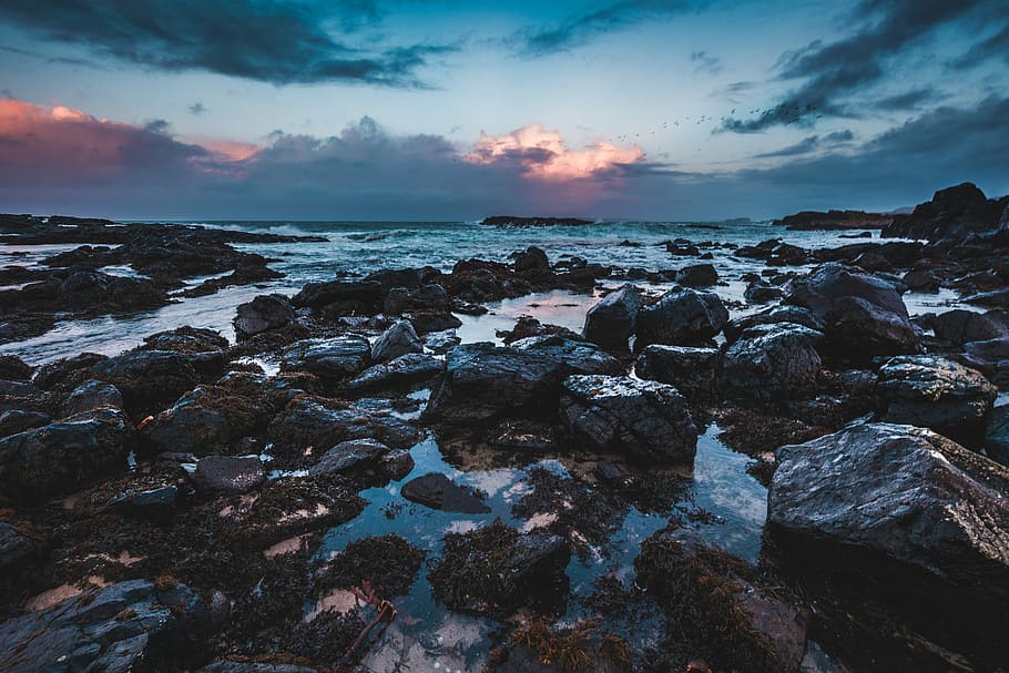 brown rocks near body of water under white and gray sky, rocks in ocean during golden hour HD wallpaper