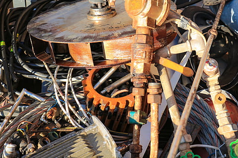 old, industry, scrap, recycling, gears, pipes, unusable, junkyard HD wallpaper