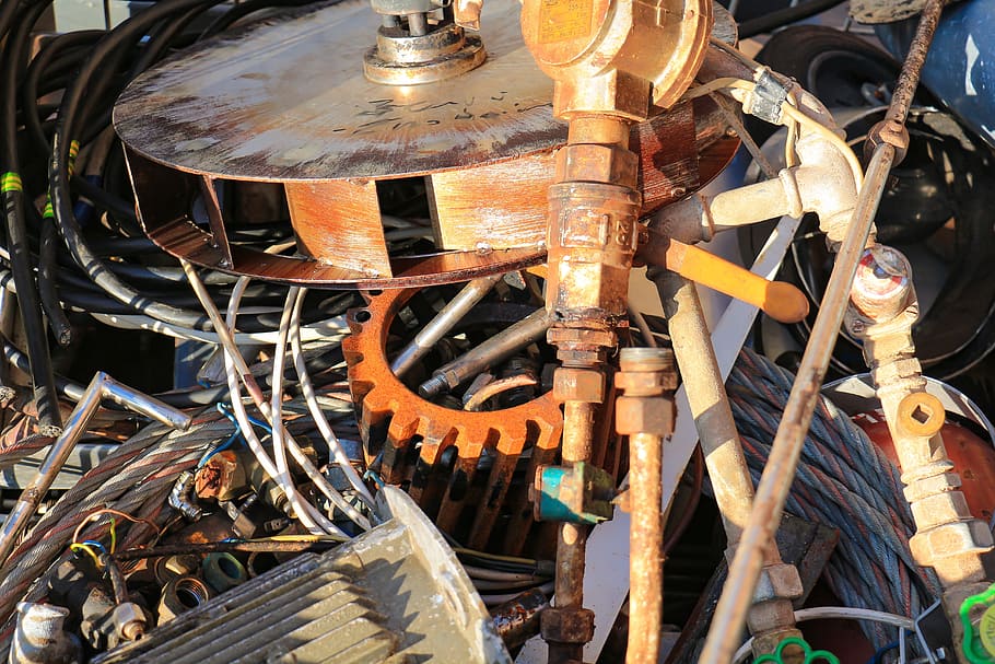 old, industry, scrap, recycling, gears, pipes, unusable, junkyard