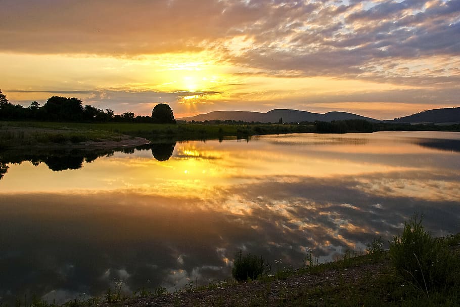 landscape, pond, twilight, sun, sunset, sky, reflection, cloud - sky HD wallpaper