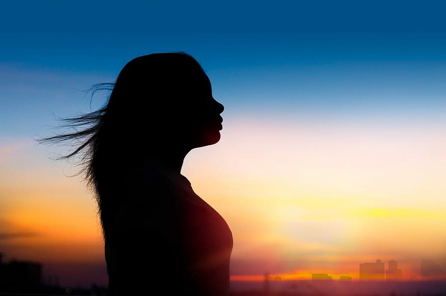 silhouette of woman taken at sunset, dusk, dawn, sky, evening HD wallpaper