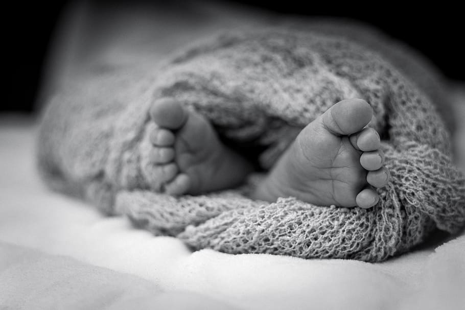 Greyscale Photo Of Human Feet Covered In Knitted Comforter, baby, HD wallpaper