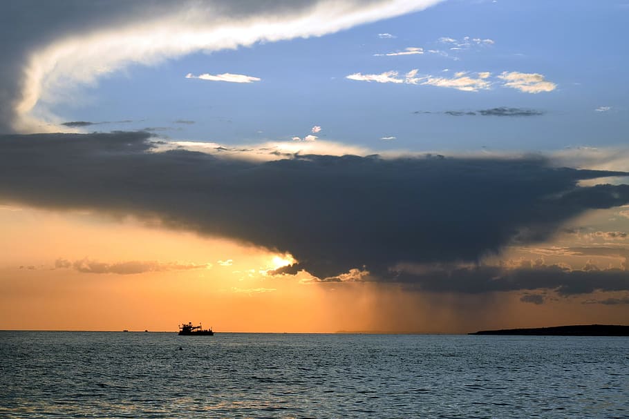 sunset, sea, sky, clouds, storm, nature, horizon, scenery, boat HD wallpaper