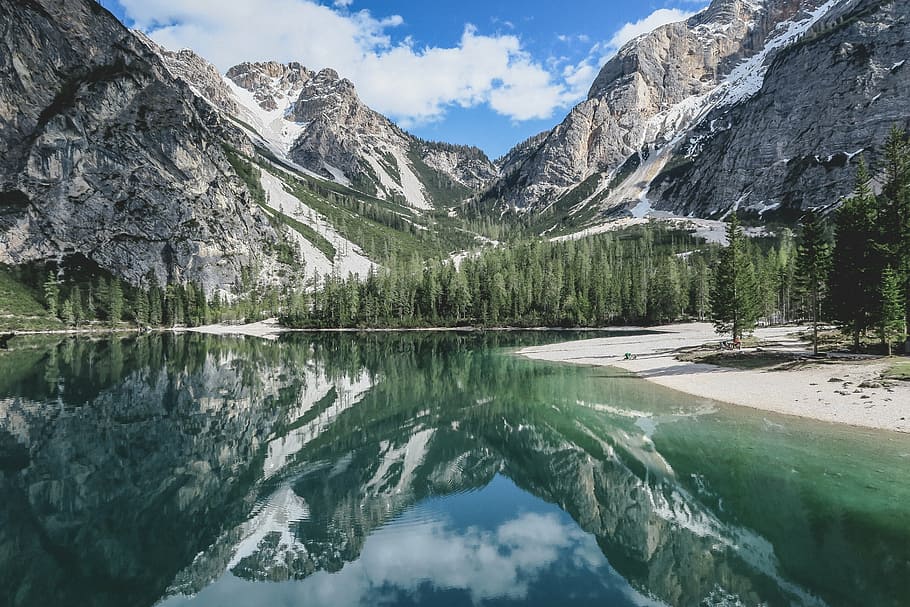 alpine, calm waters, clouds, daylight, high, hike, lake, landscape HD wallpaper