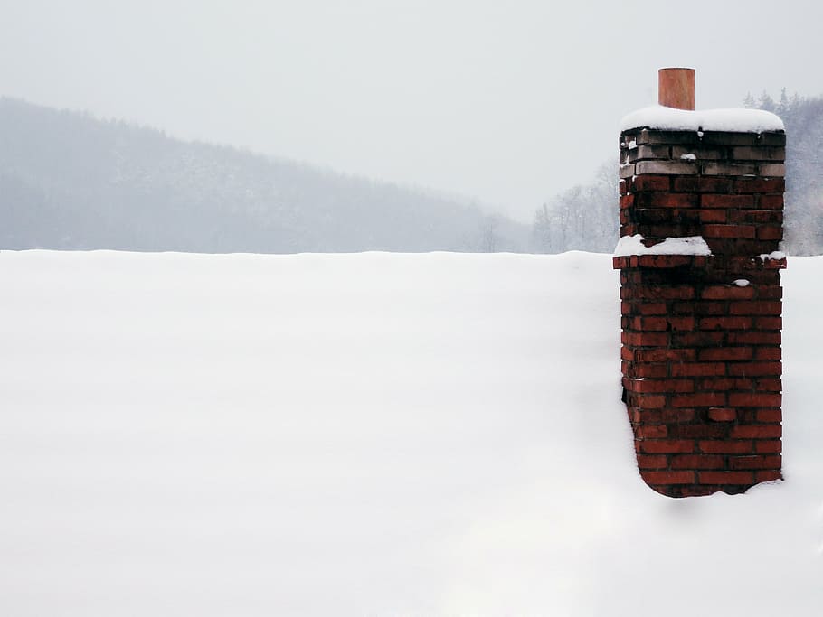chimney, snow, white, roof, winter, bricks, orange, forests HD wallpaper