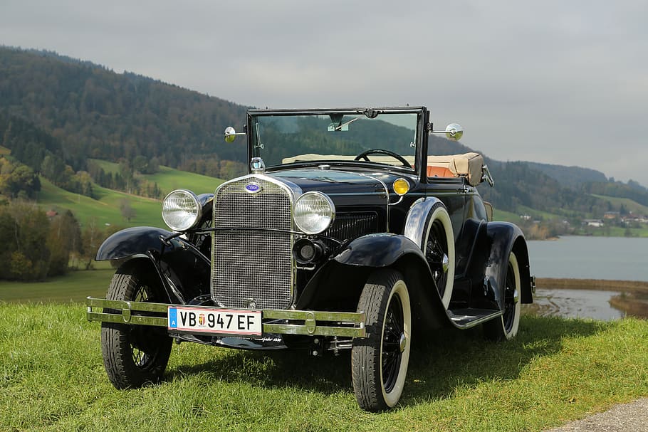 vintage black coupe on grass field, auto, oldtimer, ford, mature