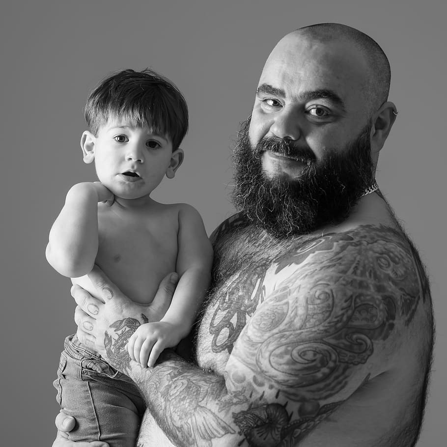 father, son, torso, tattoos, beard, males, men, shirtless, two people HD wallpaper
