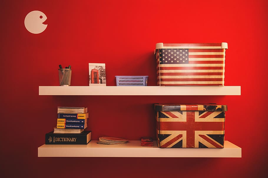 two white wall racks, american, books, boxes, dictionary, english, HD wallpaper