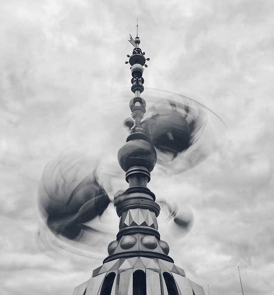 Orbitron, grayscale photo of tower under cloudy sky, ride, theme park HD wallpaper