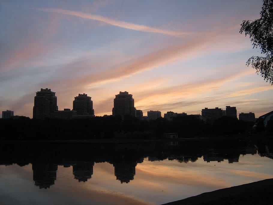 city, park, sky, clouds, city park, reflection, water, sunset HD wallpaper
