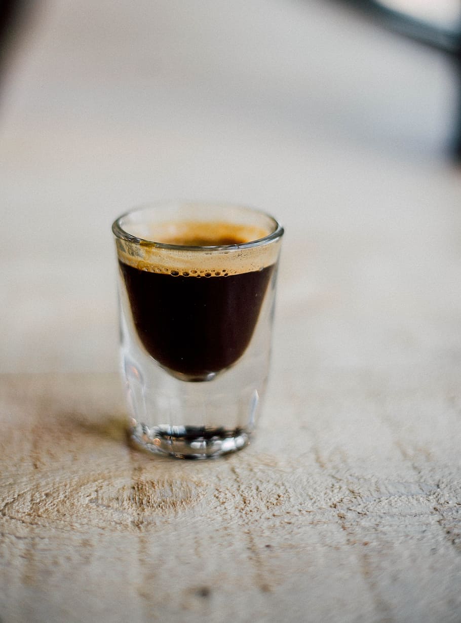 beverage in shot glass, Espresso, coffee, table, drink, brown HD wallpaper