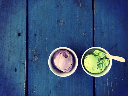 two flavored ice cream served on white cup, wood - Material, food HD wallpaper